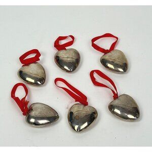Vintage Silver-Plate Heart-Shaped Christmas Ornaments Set of 6
